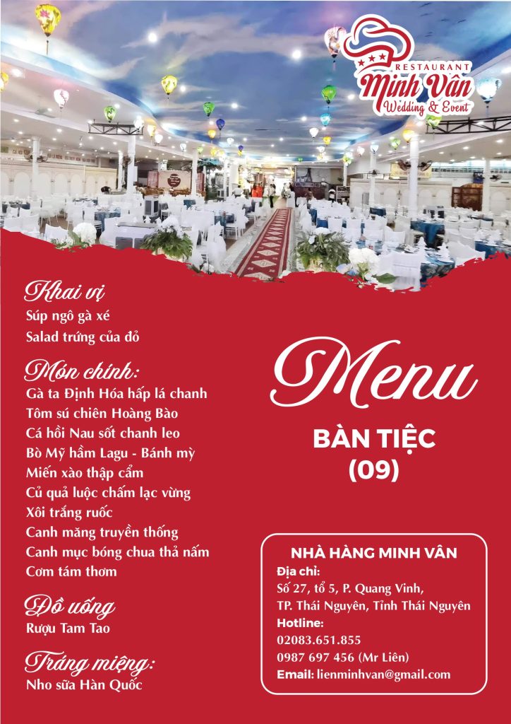 Thực đơn bàn tiệc nhà hàng Minh Vân Thái Nguyên